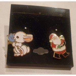Vintage Hallmark Cloisonné Santa Claus & Bunny Pins 1983 Christmas Holiday Lapel